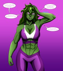  abs absurdres altered_common_sense breasts empty_eyes female_only femsub glowing glowing_eyes green_hair green_skin happy_trance hypnotic_audio hypnotic_music large_breasts leggings lip_biting long_hair marvel_comics megaguardain muscle_girl open_mouth she-hulk solo super_hero text tomboy western 