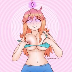  bikini blush breasts crystal female_only femsub glowing large_breasts nami_(one_piece) navel one_piece orange_hair smile solo spiral spiral_background spiral_eyes undressing yumiiart 