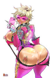 alternate_costume ass ass_focus bimbofication blonde_hair breasts camera cum cum_on_ass earrings femsub ganguro jewelry large_breasts looking_at_viewer looking_back makeup nipple_piercing open_clothes overwatch piercing rebis short_hair sweat tan_lines tattoo thighhighs thong torn_clothes tracer 