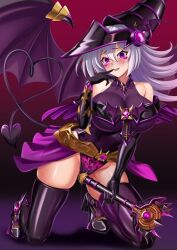 alternate_hair_color blush corruption dark_magician_girl demon demon_girl eyebrows_visible_through_hair gloves hat heart huge_breasts latex long_hair masanomasa masturbation opera_gloves pussy_juice simple_background staff succubus tail tight_clothing transformation white_hair wings witch yu-gi-oh!