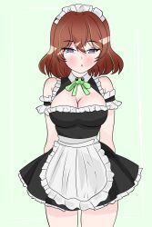  bare_legs blue_eyes blush breasts brown_hair cleavage eyebrows_visible_through_hair female_only femsub frills heart_eyes large_breasts maid maid_headdress open_mouth owozu ribbon short_hair simple_background siri_(owozu) solo standing virtual_youtuber wicho_mask 