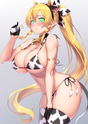  absurdres bent_over bikini_bottom bikini_top blonde_hair blush breasts cow_girl cow_print cowbell fake_animal_ears fake_tail female_only femsub gloves glowing glowing_eyes horns huge_breasts kawase_seiki large_hips leafa long_hair looking_at_viewer manip misterman4_(manipper) ponytail spiral_eyes swimsuit sword_art_online symbol_in_eyes tagme thighhighs tongue tongue_out 