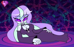  aged_up alternate_costume arm_warmers bare_shoulders blue_skin collarbone eyebrows_visible_through_hair eyelashes femdom hand_on_hip hypnoscream hypnotic_eyes large_breasts looking_at_viewer lying monster_girl monster_high multicolored_hair pov_sub ring_eyes shiny_hair shiny_skin simple_background smile twyla_boogeyman very_long_hair wide_hips 