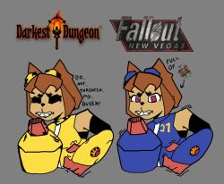  brown_hair cat_girl darkest_dungeon dialogue english_text fallout_(series) fallout_new_vegas femsub furry gameoverse grey_background junoslover69 kit_bodega_(gameoverse) tagme text 