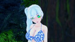 3d bikini blue_eyes breasts cleavage confused disney kaa kaa_eyes large_breasts leopard_print lipstick long_hair makeup mmd mrkoiru open_mouth outdoors pale_skin ponytail rwby silver_hair sitting snake the_jungle_book trees weiss_schnee