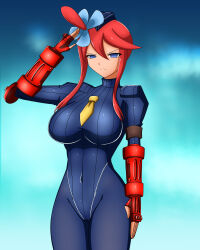  arm_bands blue_eyes breasts doll empty_eyes female_only femsub gloves gradient_background hat huge_breasts leggings leotard navel nintendo pokemon pokemon_black_and_white red_hair saluting shadaloo_dolls shoulder_pads side_ponytail simple_background skyla solo standing standing_at_attention street_fighter tie unhappy_trance 