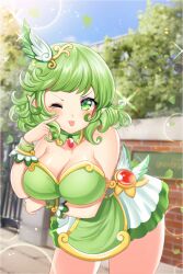  alicevu blush breasts cleavage clothed elf elf_ears empty_eyes female_only femdom green_eyes green_hair helen_(spiral_clicker) hypnotic_eyes large_breasts looking_at_viewer pov pov_sub short_hair smile solo spiral spiral_clicker spiral_eyes symbol_in_eyes tongue tongue_out wink 