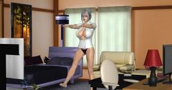  3d absurdres barefoot bedroom bobboxbody breasts expressionless feet female_only femsub large_breasts meiko_shiraki open_shirt panties prison_school ring silver_hair zombie_walk 