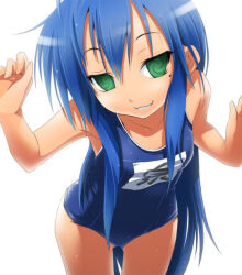 blue_hair female_only femsub green_eyes happy_trance konata_izumi leaning_forward loli looking_at_viewer lucky_star manip mole one-piece_swimsuit piper_(manipper) school_swimsuit smile smug solo spiral_eyes standing swimsuit symbol_in_eyes very_long_hair