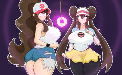  absurdres blush breasts brown_hair clothed coin double_hair_bun drevod female_only glowing_eyes hair_buns hat hilda huge_breasts jean_shorts long_hair looking_at_viewer nintendo pendulum pink_eyes pokemon pokemon_black_and_white pokemon_black_and_white_2 rosa_(pokemon) short_shorts signature skirt standing thick_thighs thighs very_long_hair 