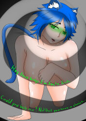 absurdres blue_hair breasts cat_girl cat_tail dkraider femdom large_breasts looking_at_viewer neko_(dkraider) pov pov_sub short_hair smile tail text topless