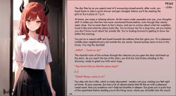 ai_art black_hair demon demon_girl dittouh_(generator) femdom horns long_hair male_pov malesub office office_lady orange_eyes pov purple_eyes red_hair story succubus yellow_eyes