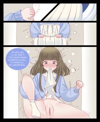  blush brown_hair chou_(miss_milkou) clothed_exposure comic dialogue english_text long_hair long_skirt missmilkou no_panties original pussy socks symbol_in_eyes toilet wet 