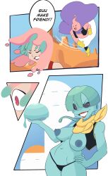  absurdres bare_breasts black_sclera blue_hair blue_skin breasts bulma_briefs cape closed_eyes comic corruption dragon_ball dragon_ball_z enemy_conversion english_text evil_smile exposed_chest eye_color_change femsub gloves green_skin hand_on_hip huge_breasts hypnotic_slime lipstick majin_buu makeup nipples open_clothes outdoors pink_skin red_eyes red_lipstick smile sourowl tagme tentacles text thighs transformation vest 