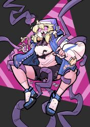  4five1 absurdres anal bare_legs blonde_hair bridget_(guilty_gear) clothed_sex drool female_only femsub fingerless_gloves gloves guilty_gear hood hoodie hypnotic_tentacle long_hair open_mouth pink_eyes sex shoes shorts simple_background skirt smile socks solo spiral_background spiral_eyes spiralwash_eyes spread_legs sweater tentacle_sex tentacles text torn_clothes transfem transgender_identity 