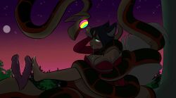 ahri_(league_of_legends) bare_legs bare_shoulders barefoot black_hair blush breasts cleavage coils colorrings confused disney drool feet femsub footjob fox_ears fox_tail jungle kaa kaa_eyes large_breasts league_of_legends lipstick maledom night sleepy smile snake_penis spiral_eyes tail the_jungle_book trees