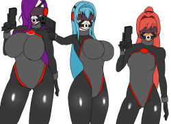  ball_gag bangs blue_hair breasts cuffs drone female_only femsub gag gun headphones huge_breasts large_breasts leotard long_hair multiple_girls orange_hair ponytail purple_hair rubber simple_background small_breasts standing tech_control thick_thighs very_long_hair visor weapon white_background yukimaru1260 