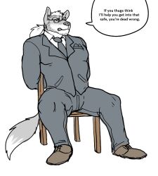 angry arms_behind_back bondage business_suit chair furry glasses hyenaface long_hair male_only malesub original ponytail resisting simple_background sitting solo suit text tie white_background wolf_boy