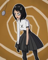  black_hair breasts clothed dazed dress drool evie_(fornite) female_only femsub fortnite gloves hair_ornament hairpin leaning_forward leggings lipstick mythkaz open_mouth pendulum short_hair skirt slouching solo spiral spiral_background spiral_eyes symbol_in_eyes 