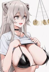  ai_art animal_ears bangs bikini_top choker coin collarbone drool eyebrows_visible_through_hair femsub grey_eyes grey_hair happy_trance hololive latex long_hair navelrennat necklace pendulum shirt_lift shishiro_botan silver_hair simple_background smile spiral_eyes virtual_youtuber white_background 