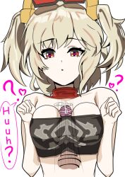  atlasofa balls bare_shoulders blonde_hair breasts burnice_white_(zenless_zone_zero) cleavage confused cum cum_on_breasts english_text erection eyebrows_visible_through_hair femsub hard_translated heart heart_eyes large_breasts maledom paizuri penis phantom_penis red_eyes sex simple_background sunglasses symbol_in_eyes text translated tube_top twintails white_background zenless_zone_zero 