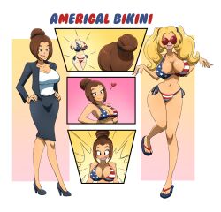  before_and_after bikini bimbofication blonde_hair breast_expansion breasts brown_hair character_request comic female_only femsub flag_bikini fourth_of_july glasses happy_trance kobi94 large_breasts sandals skirt text transformation 