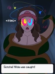  brown_hair cleavage deepdarkgreen drool enducer51 femsub gameplay_mechanics hat hilda huge_breasts kaa_eyes night nintendo ping pokemon pokemon_black_and_white ponytail snake text topless 