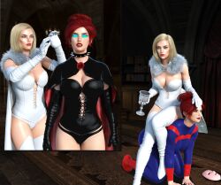 3d before_and_after blonde_hair blue_eyes bodysuit boots breasts cloak collar corset emma_frost femdom femsub gloves glowing glowing_eyes human_furniture jean_grey kneeling large_breasts marvel_comics mask op-tron opera_gloves red_hair sitting super_hero thigh_boots western white_queen