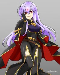 alternate_costume aura breasts cape clothed corruption eye_color_change facial_markings femsub fire_emblem fire_emblem_genealogy_of_the_holy_war gloves glowing grey_background hand_on_head julia_(fire_emblem) looking_at_viewer loptous_(fire_emblem) maledom nintendo possession purple_hair red_eyes simple_background slit_pupils very_long_hair yukia_(firstaid0)