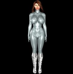  3d abs black_background bodysuit boots breasts brown_hair collar empty_eyes erect_nipples erect_nipples_under_clothes expressionless female_only femsub glowing_eyes graybot green_eyes high_heels large_breasts lipstick long_hair macrolass madcurse metrobay_comix navel simple_background solo standing standing_at_attention super_hero tech_control tight_clothing 