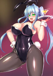  blue_hair blush breasts bunny_ears bunnysuit cuffs fake_animal_ears female_only femsub glowing glowing_eyes green_eyes happy_trance huge_breasts ikameshi large_hips long_hair looking_at_viewer manip misterman4_(manipper) open_mouth original pantyhose smile solo spiral_eyes symbol_in_eyes tray twintails waitress 