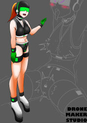  absurdres asara bare_shoulders blush collar corruption drone drool electricity female_only femsub garter gloves grey_background happy_trance headphones mask midriff navel open_mouth orange_hair original pad_lock ponytail shoes simple_background sitting solo spread_legs standing tech_control thighhighs tongue tongue_out vibrator visor watermark 