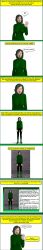 3d absurdres comic commission_sheet dialogue expressionless female_only femsub green_eyes green_hair humor kathy_(theheckle) original spiral_eyes sweater symbol_in_eyes text theheckle