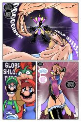 alternate_costume arms_above_head bare_breasts blonde_hair blue_eyes bowser brown_hair bulge cleavage_cutout closed_eyes clothed comic corruption crown dialogue dimentio english_text femsub fusion gloves happy_trance hat horns hypnotic_magic large_breasts leotard luigi magic mario mustache netorare nintendo nipples opera_gloves paper_mario posing possession princess princess_peach princess_rosalina red_hair royalty scared shimmering-fox shrunken_irises smile speech_bubble super_mario_bros. surprised sweat text thighhighs thighs topless transformation very_long_hair whitewash_eyes