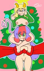 absurdres barefoot bottomless breasts christmas demon_girl feet female_only femdom femsub happy_trance hypnotic_eyes kaa&#039;lin kaa_eyes large_breasts long_hair monster_girl multicolored_hair naomi_(penken) nude original penken succubus tongue tongue_out topless