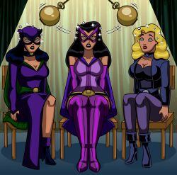  belt black_canary black_hair black_lipstick blonde_hair cape catwoman collar dc_comics dress female_only femsub huntress jacket leggings lipstick long_hair maggotmike mask nail_polish opera_gloves pocket_watch red_lipstick sitting spiralwash_eyes stage_hypnosis super_hero thigh_boots 