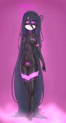  absurdres alice_(blue_archive) amigurumi barcode black_hair blue_archive bodysuit breasts collar crotch_tattoo expressionless flat_chest halo headphones pink_background rubber side_ponytail simple_background small_breasts standing tech_control very_long_hair visor 