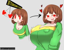  before_and_after blush breast_expansion breasts brown_hair chara_(undertale) cheeks cleavage erect_nipples femsub glowing glowing_eyes happy_trance huge_breasts large_breasts open_clothes open_mouth pendulum petronoise red_eyes scrambles_sama short_hair smile spiral_eyes symbol_in_eyes text tongue tongue_out undertale 