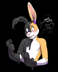  bunny_boy cubi english_text flir furry male_only malesub rubber simple_background slime solo text transformation 
