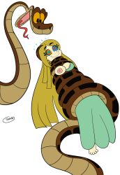 absurdres barefoot blonde_hair breasts coils dazed disney dress drool happy_trance hypnotic_eyes imminent_vore kaa kaa_eyes large_breasts long_hair lucetta_tamora nipples open_mouth original penken simple_background smile snake the_jungle_book white_background