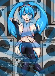  blue_eyes blue_hair dkraider femdom hypnotic_audio hypnotic_music large_breasts long_hair looking_at_viewer microphone miku_hatsune pov_sub thick_thighs thighhighs vocaloid 