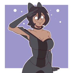  aged_up alternate_hair_color androgynous_dom bare_shoulders black_hair bow choker cleavage dark_skin dress ef-nsfw eyelashes femsub freckles happy_trance large_breasts murder_drones opera_gloves pov_dom saluting short_hair shrunken_irises simple_background smile solo tessa_james_elliot 