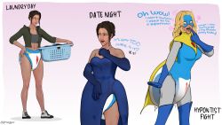 absurdres altered_common_sense atypeart bare_shoulders blonde_blazer blonde_hair border brown_hair clothed diaper dispatch_(game) dress drool english_text gradient_background mask necklace scat signature simple_background spiral spiral_eyes super_hero text unaware