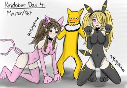  all_fours alternate_costume alternate_hairstyle betrayal black_eyes blue_eyes blush brown_hair clothed collar cosplay costume cynthia_(pokemon) defeated embarrassed empty_eyes english_text espeon eye_color_change hair_covering_one_eye happy_trance hilda_(pokemon) humiliation hypno kneeling latex long_hair multiple_tails myhighlow nintendo pendulum pet_play pink_eyes pokemon pokemon_(creature) pokemon_diamond_pearl_and_platinum pokemon_red_green_blue_and_yellow simple_background smile standing story tail text thighhighs thighs tight_clothing twintails umbreon white_background yellow_skin 