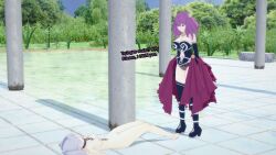 3d aura_(frieren:_beyond_journey&#039;s_end) bangs chains cleavage collar demon_girl english_text feet female_only femdom femsub frieren frieren:_beyond_journey&#039;s_end frills high_heels horns multiple_girls navel necklace nipples nude purple_hair pussy see-through short_hair smirk sonrio12 text tongue_out twintails underwear white_hair yuri