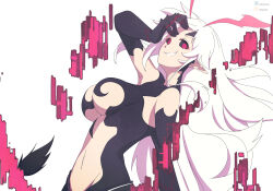 bare_shoulders black_sclera body_markings body_paint corruption disgaea elf_ears evil_smile facial_markings gloves gojulas hand_on_head horns hypnovember large_breasts liezerota liezerota_dark long_hair looking_at_viewer navel opera_gloves possession red_eyes slit_pupils smile tail tattoo underboob void_dark white_background white_hair