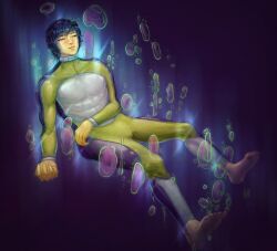  abs absurdres barefoot black_hair blush bodysuit bubble clay collar dazed feet male_only malesub original solo swimsuit tech_control underwater 