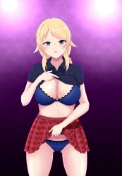  absurdres altered_common_sense blonde_hair blush bra breasts cleavage empty_eyes expressionless female_only femsub huge_breasts long_hair looking_at_viewer meguru_hachimiya mizunoko open_mouth panties pov pov_dom shirt_lift skirt skirt_lift solo standing the_idolm@ster underwear 
