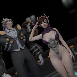  3d absurdres ahoge alternate_costume bare_shoulders brown_hair character_request cleavage corruption d.va esccc expressionless femsub glasses huge_breasts hypnotized_assistant indifferent leotard long_hair maledom open_mouth overwatch purple_eyes robotization short_hair standing standing_at_attention tech_control unaware white_hair wide_hips 