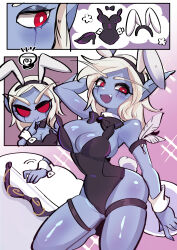  alternate_costume blue_skin breasts bunny_ears bunny_girl bunnysuit butterbunny character_request choker comic costume elf elf_ears fake_animal_ears femsub kneeling large_breasts leotard open_mouth posing possession red_eyes sitting smile sparkle sylvanas_windrunner tagme thighs white_hair world_of_warcraft 